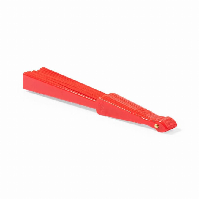 A red RPET foldable fan featuring a sleek design and a small handle, with a logo on it.