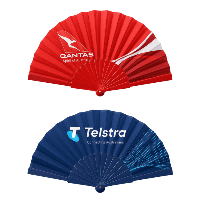 A foldable fan featuring red and blue ribs, with logos from two brands on each side.