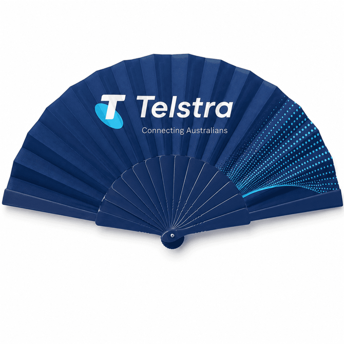 A foldable fan with coloured ribs in navy blue, featuring a logo and design elements.