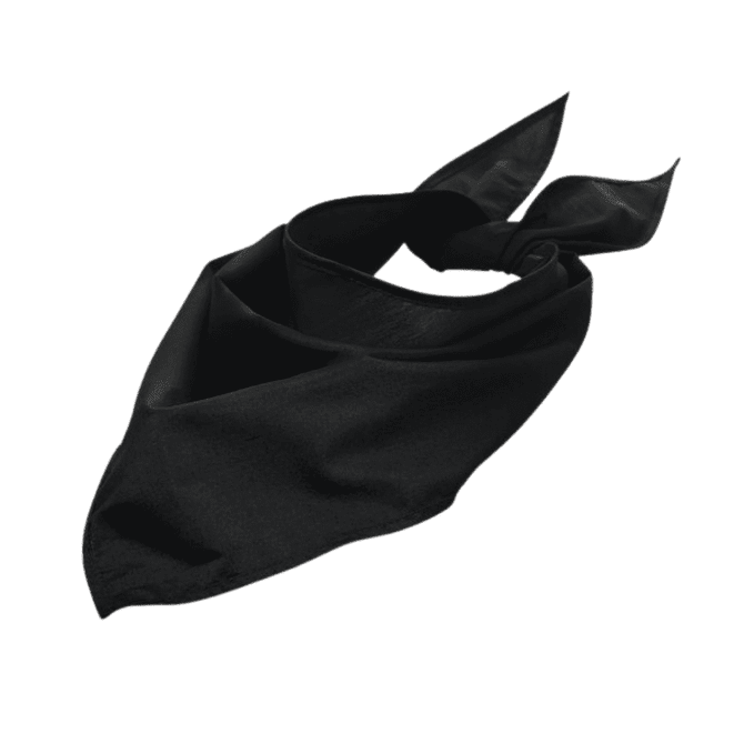 A black triangular bandana with tied ends and a smooth texture, featuring a logo.
