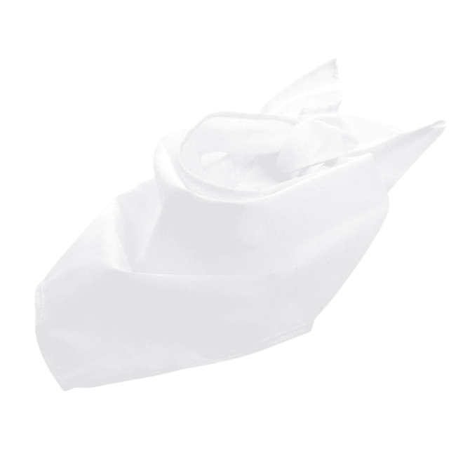 A triangular bandana in white, featuring a logo. The fabric is smooth and elegantly tied.
