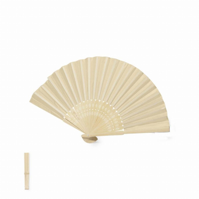 A bamboo hand fan, featuring a natural beige colour with intricate cut-out designs, folded open and displayed.