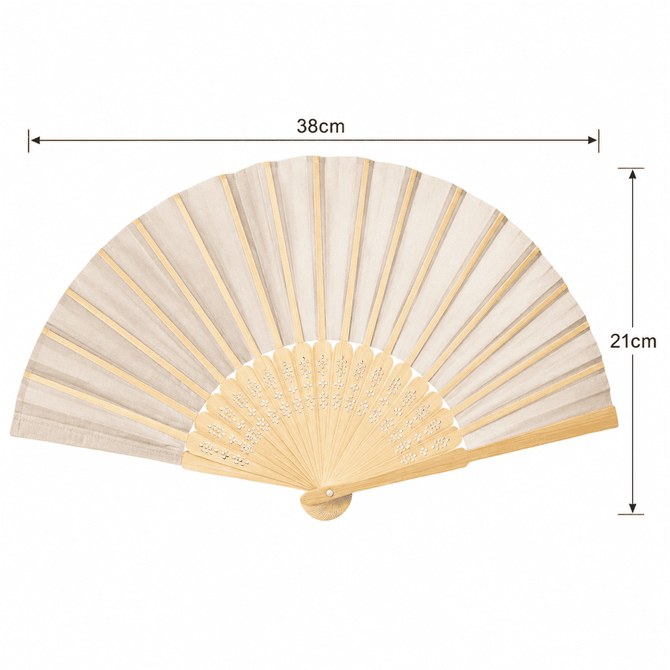 A bamboo hand fan featuring a cream fabric design with wooden slats, measuring 38cm in width and 21cm in height.