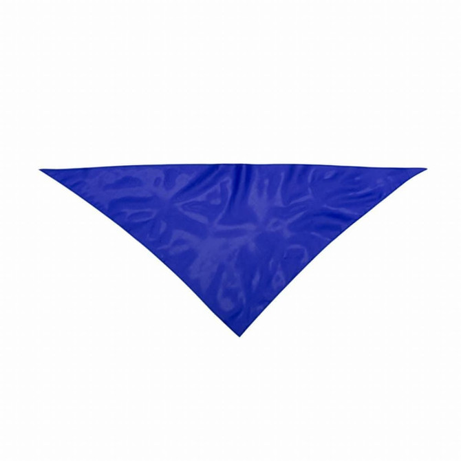 A triangular bandana in a vibrant blue colour, featuring a logo.