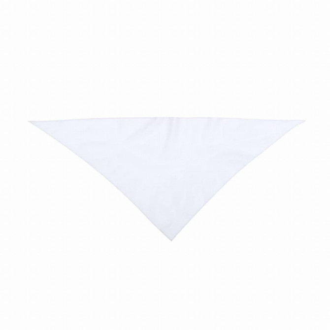 A triangular bandana in white, featuring a plain design and a branding logo.