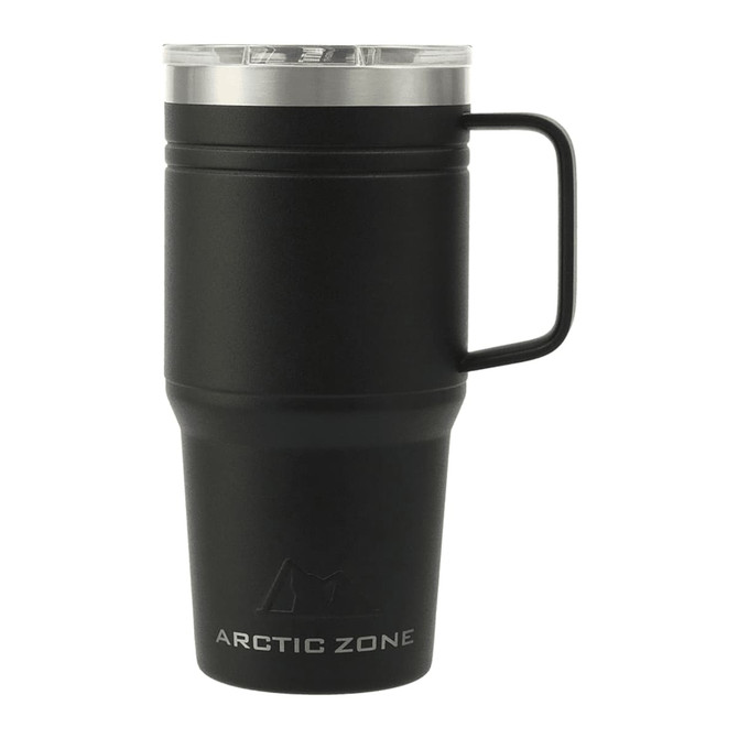 A drink bottle featuring a sleek black stainless steel design with a clear lid and a sturdy handle, complete with a logo.
