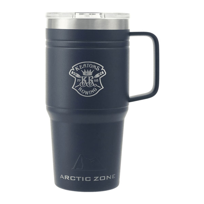 A drink bottle with a navy exterior, stainless steel lid, and a handle, featuring a logo.