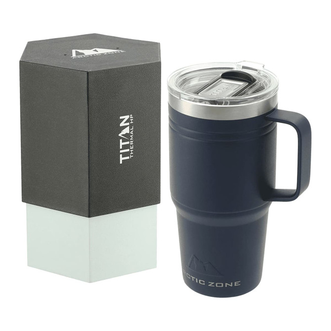 A drink bottle in navy blue with a stainless steel lid, alongside a stylish black packaging box.