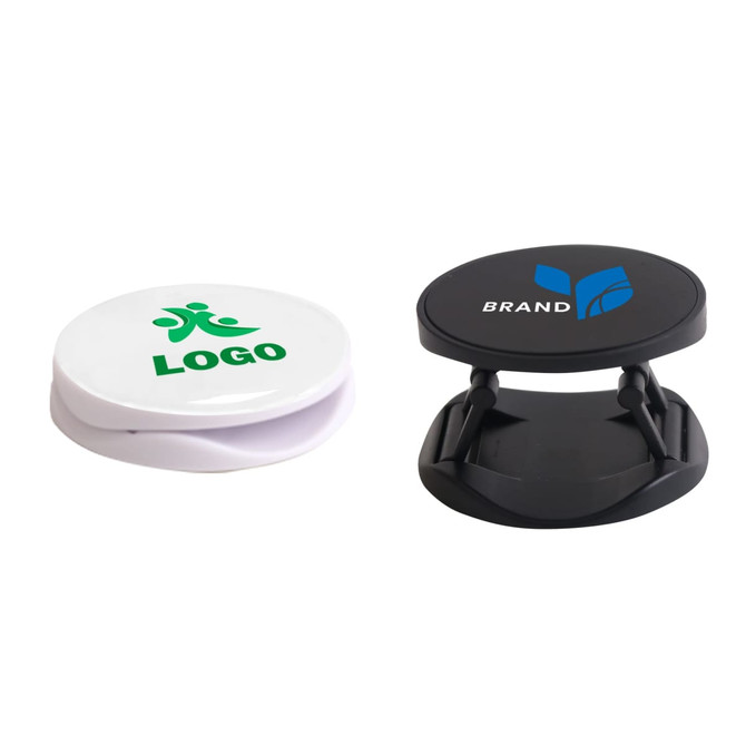 Two round phone holders in white and black, each featuring a logo on the top surface.