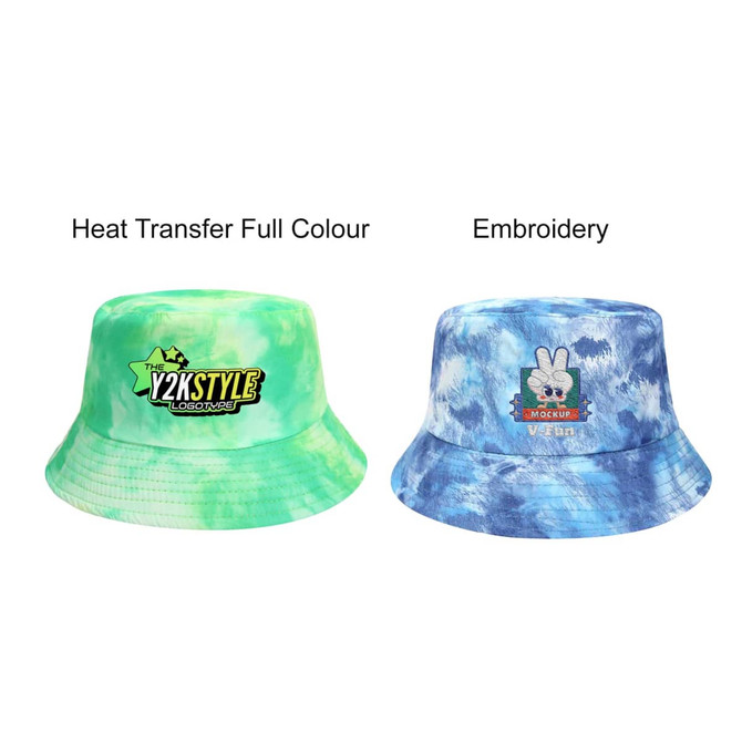 A tie dye bucket hat featuring green and blue patterns, with a logo and an embroidered design.