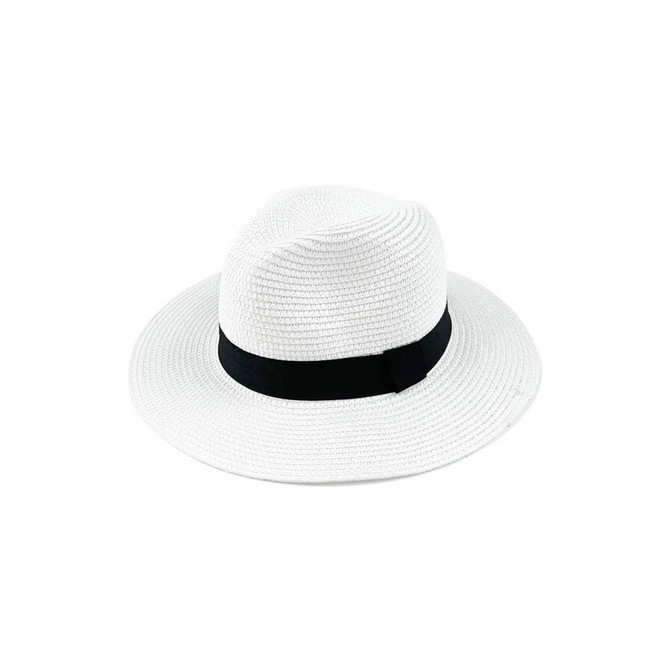 A white sun hat with a black band, featuring a wide brim and a smooth texture. It has a logo on the inside.
