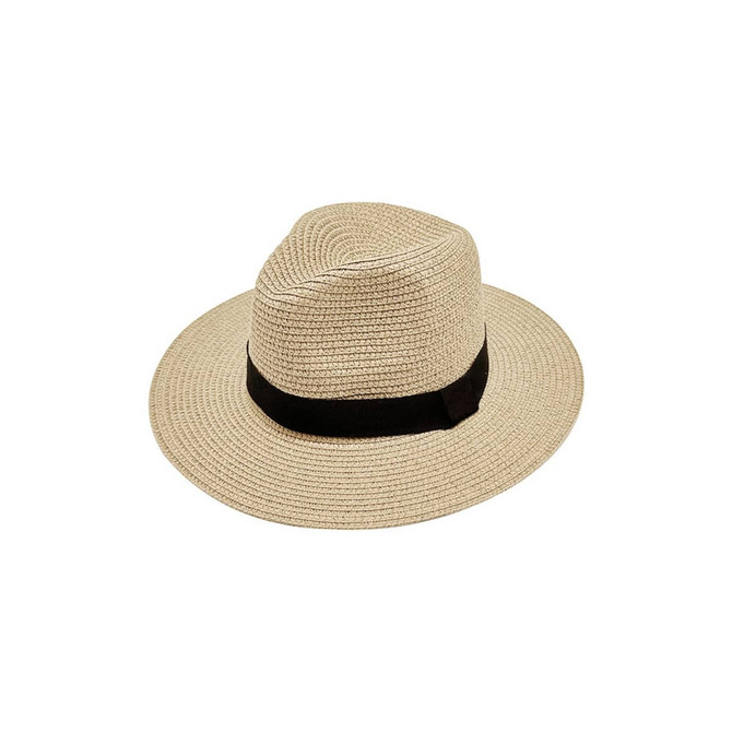 A straw sun hat in a beige colour with a black band around the base. It has a wide brim for sun protection.