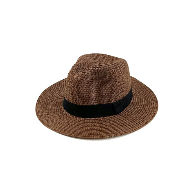 A brown sun hat with a black band, featuring a wide brim and textured design, and has a logo on it.