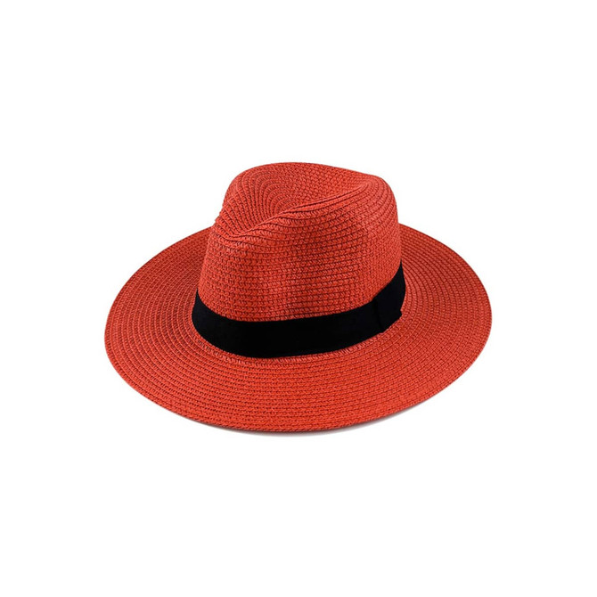 A wide-brimmed sun hat in vibrant orange with a black ribbon band. Features a textured woven design and a logo.