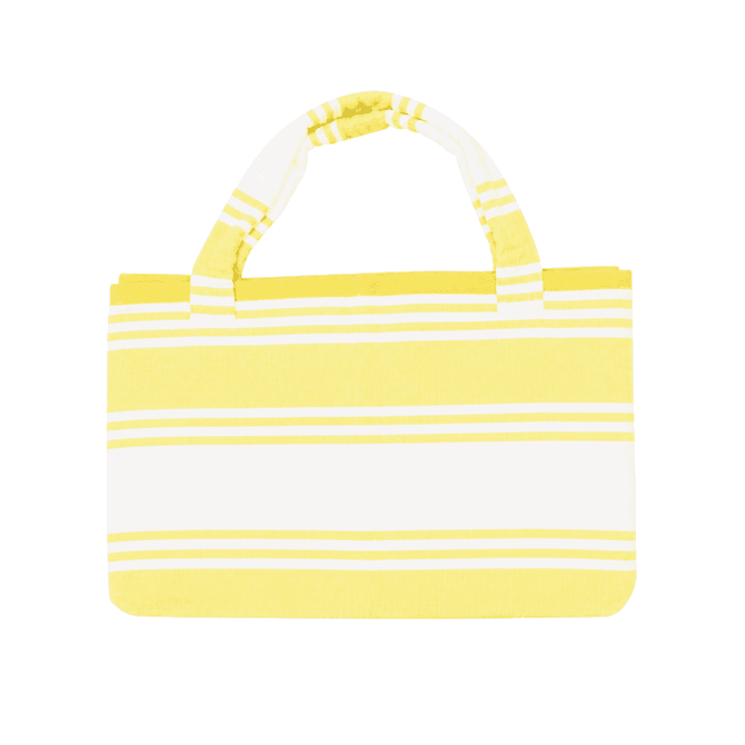 A yellow and white striped foldable beach towel bag with sturdy handles, featuring a logo.