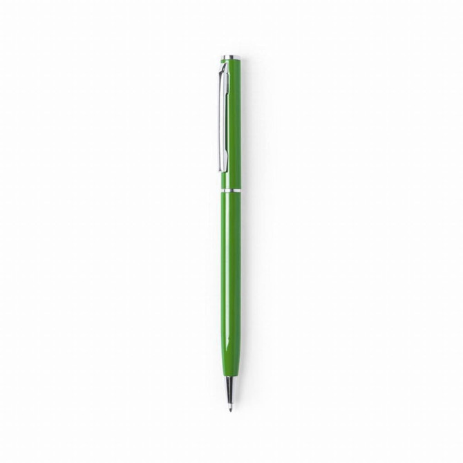 A glossy green aluminium twist-action pen with a silver clip and detailing, featuring a logo.