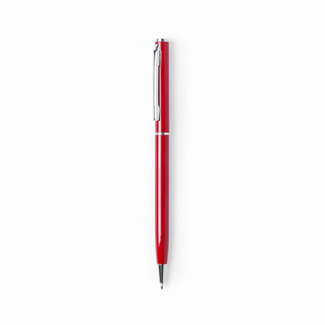 A glossy red twist-action pen with a silver clip and accents. It features branding on its surface.