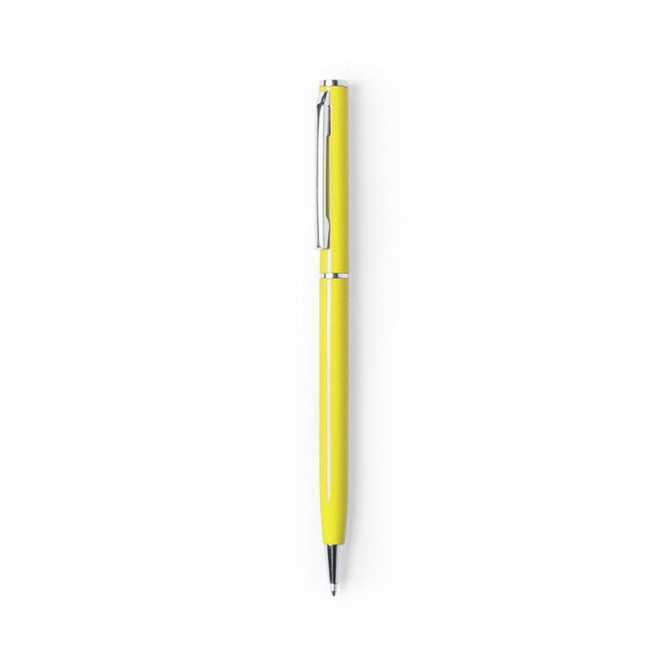 A glossy yellow aluminium twist-action pen with a silver clip and trim. Features branding.