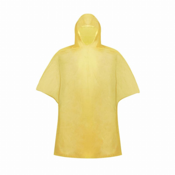 A yellow PVC poncho with a hood, featuring short sleeves and a simple design. It has a branding logo.