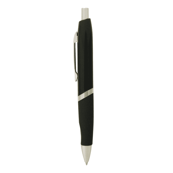 A black metal pen with a rubber grip and a chrome clip, featuring a push-button mechanism.