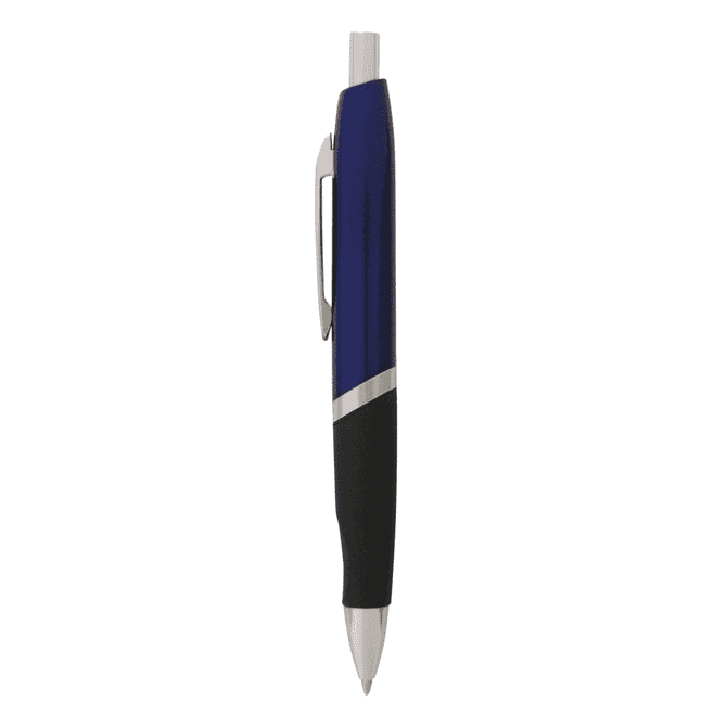 A metal pen with a blue and black design, featuring a rubber grip and a chrome clip, alongside branding.