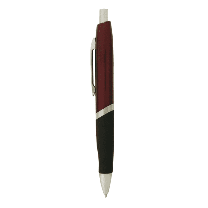 A metal pen with a maroon and black design, featuring a push-button mechanism and a rubber grip.