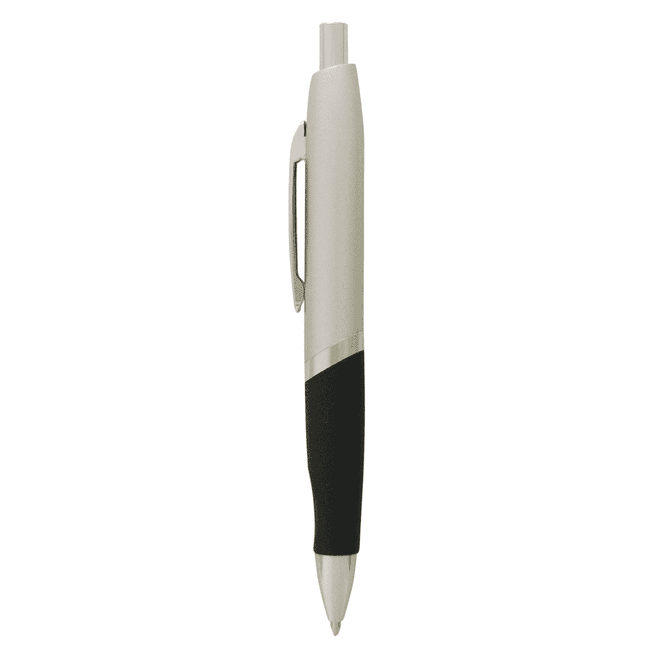 A silver metal pen with a rubber grip and a clip, featuring a push-button mechanism.