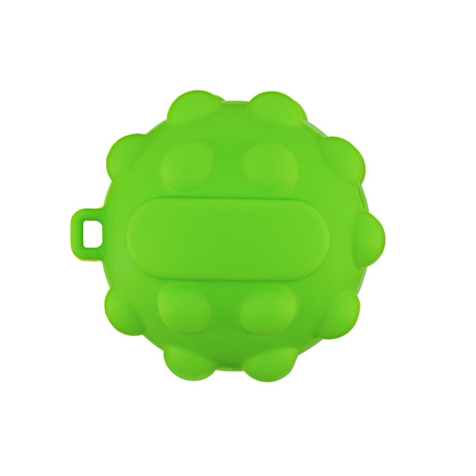 A green, round silicone popper ball with textured surface and a loop for attachment. Suitable for playful activities.