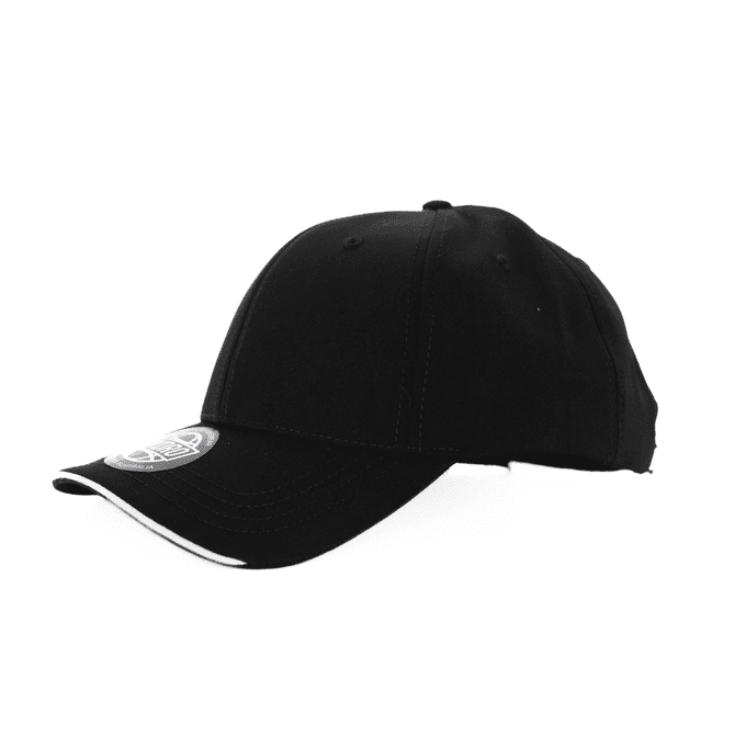 A black cap with a six-panel design and contrast piping, featuring a logo on the front.