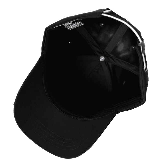 A black 6-panel cap with cotton twill contrast piping and an interior view. It features a logo inside.