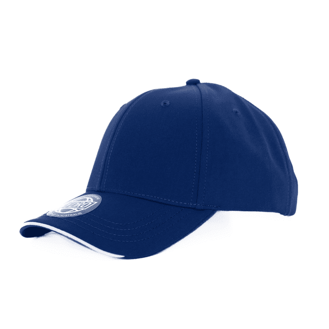 A navy blue cap with cotton twill contrast piping and a logo on the front.