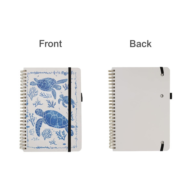 A4 wiro side-bound notebook featuring a blue turtle design on the front and a plain white back. Includes a black elastic closure.
