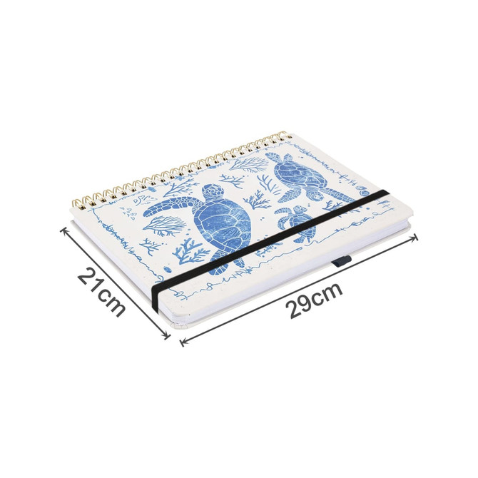 A4 wiro side-bound notebook featuring a blue turtle design on a white cover, with a black elastic band and spiral binding.