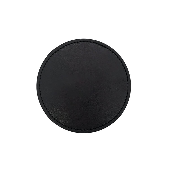 A round black PU coaster with a stitched edge and a smooth surface. It features a logo.