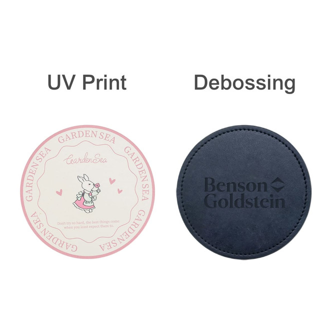 A pink coaster with a cute design and a navy blue coaster featuring debossed branding.