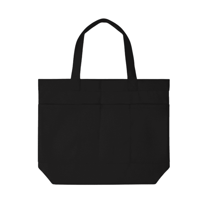 A black tote bag featuring three pockets and sturdy handles for easy carrying. It includes a logo design.