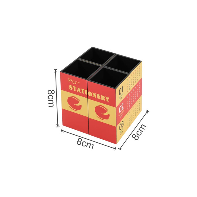 A four-panel foldable pen holder in red and yellow, featuring four compartments for stationery. It has a logo.