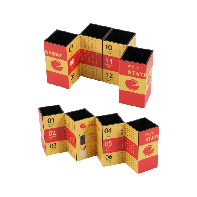 A four-panel foldable pen holder in red and yellow, featuring multiple compartments and a logo design.