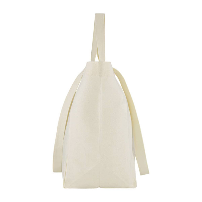 A cream canvas bag with sturdy straps and a minimalist design, featuring a logo on one side.