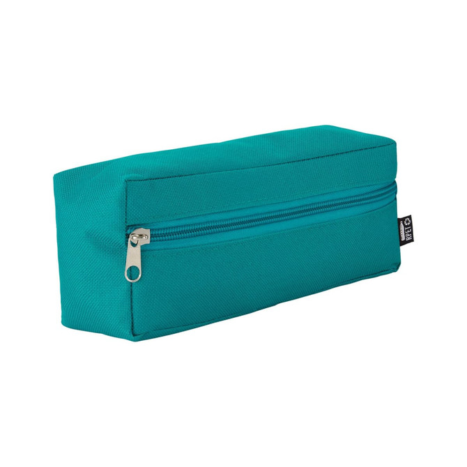 A teal utility case with a zippered compartment and a rectangular shape, featuring a subtle logo.