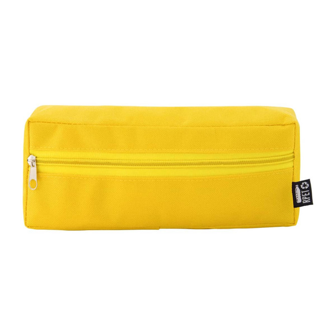 A yellow utility case with a zippered compartment and a branding label on one side.