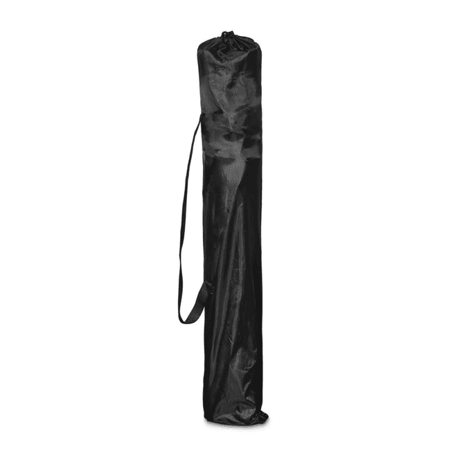 A black carrying bag for a folding chair, featuring a drawstring closure and an adjustable shoulder strap.
