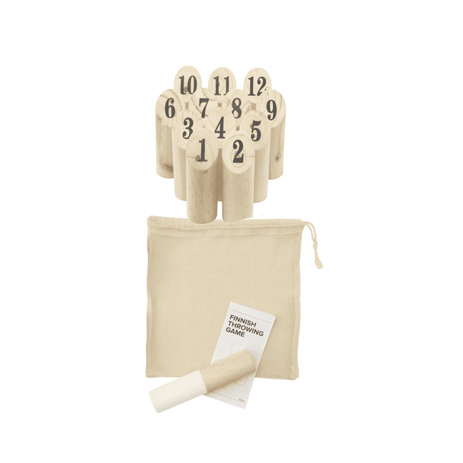 A set of wooden pins numbered 1 to 12, with a beige storage bag and a wooden throwing stick.