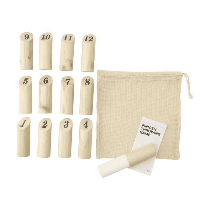 A wooden Molkky throwing game set featuring numbered pins and a carry bag, all in a natural wood finish.