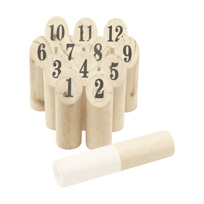 Wooden throwing game set featuring numbered pins in natural wood, accompanied by a throwing stick.
