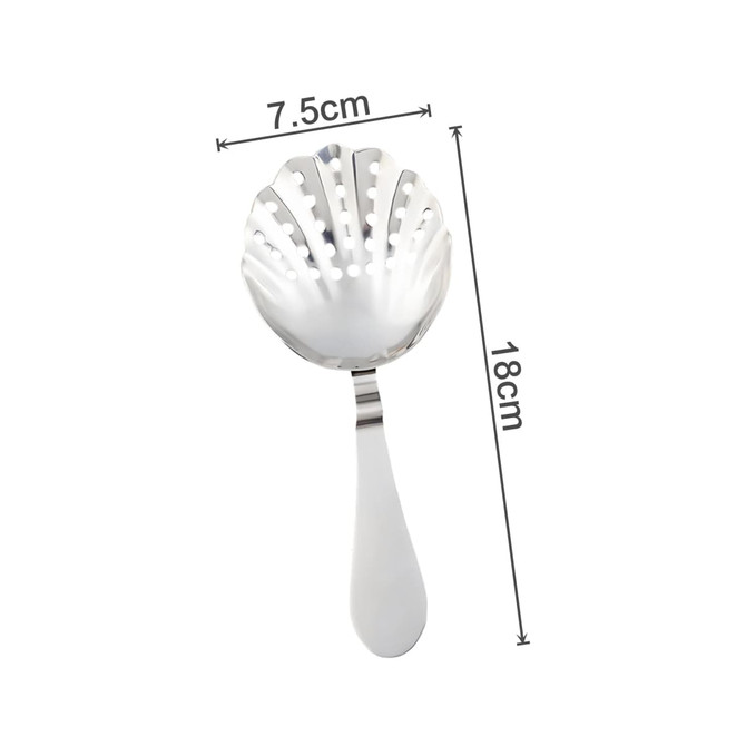 A silver bar strainer with a shell-shaped head and a long handle, featuring holes for straining liquids.