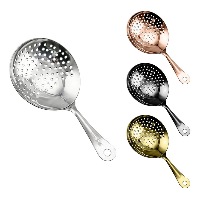 A cocktail strainer featuring four variations in silver, copper, black, and gold finishes, with a perforated design and a handle.