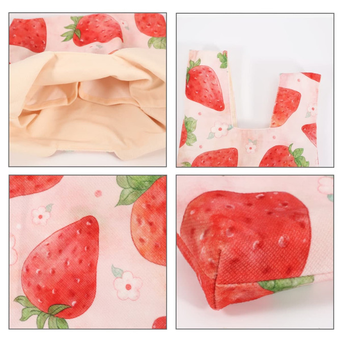 A pink wrist bag featuring a strawberry print, with multiple views showcasing its interior and exterior design.