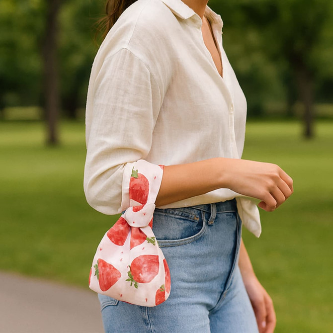A wrist bag featuring a pink strawberry design, held by a person wearing a light-coloured shirt and jeans.