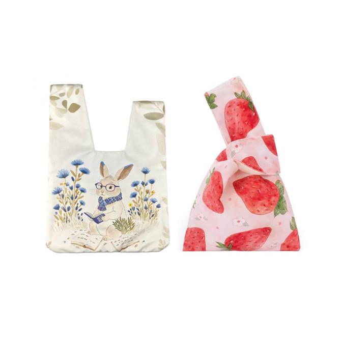 Two stylish wrist bags: one with a rabbit design on a cream background, and another in pink with a strawberry pattern. Both feature logos.